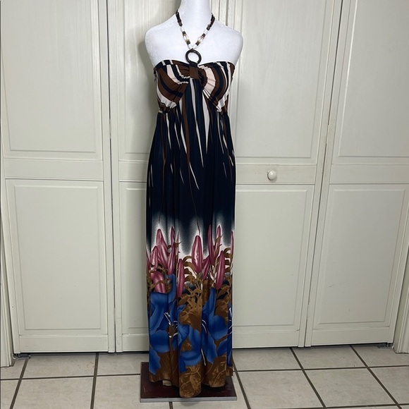 MAGIC Women’s Halter Maxi Floral Print Black/Brown Pink Size Medium Beaded - Picture 1 of 12